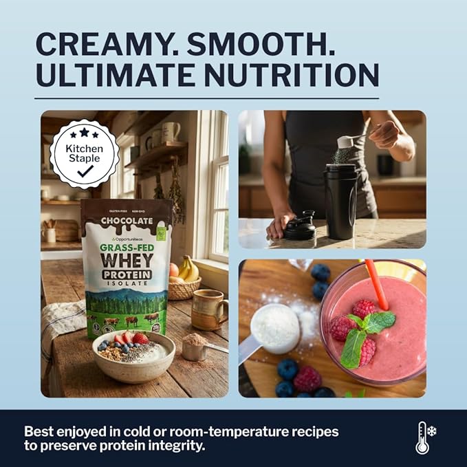 Opportuniteas Grass Fed Chocolate Whey Isolate Protein Powder – 20 g Protein, Heavy-Metal Tested, Made with Organic Cacao & Organic Cane Sugar, Non-GMO, Hormone-Free, Sourced from Ireland, 2.5 lb