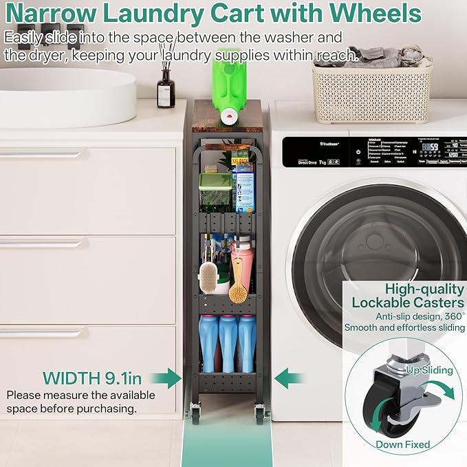 Slim Bathroom Storage Cart, 4 Tier Small Rolling Organizer Cabinet with Wood Top Handle, Mobile Shelving Unit Slide Out for Office, Kitchen, Laundry Room & Narrow Places (9.1" Overall Width)