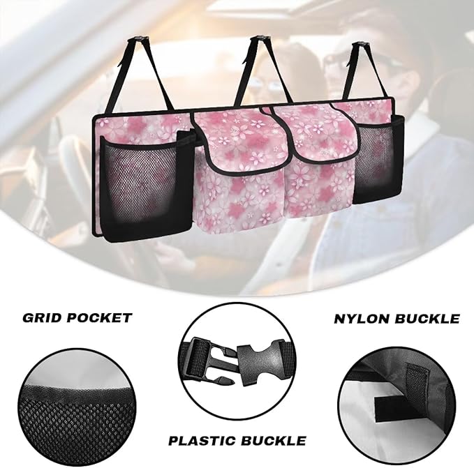 Dreaweet Pink Cherry Blossom Trunk Organizer for Car Women Hanging Back Seat Storage with 4 Pockets Collapsible Car Cargo Trunk Storage Organizer Bag for Truck,SUV,Van with Adjustable Straps