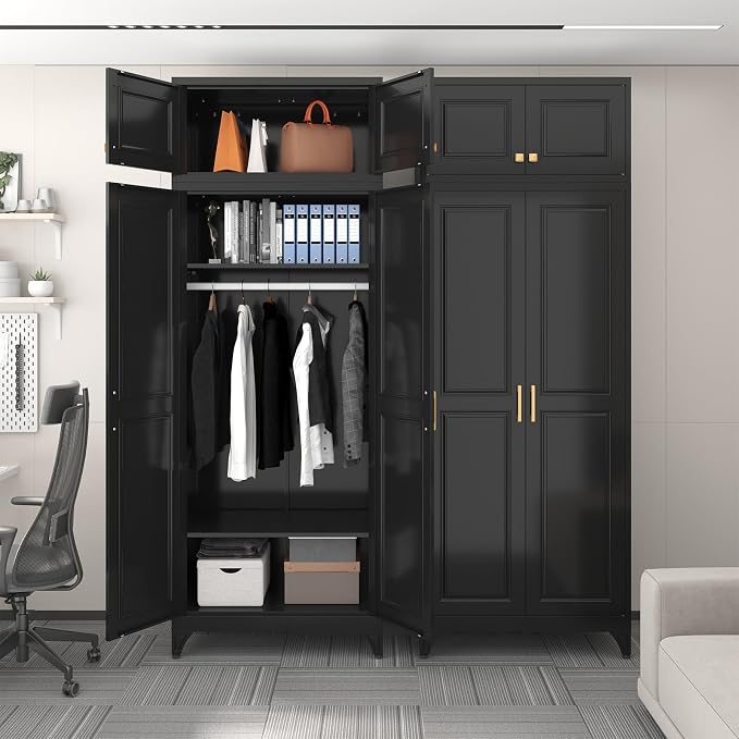 SteeLoong 86" Metal Armoire Wardrobe Closet with Doors,BlackTall Clothing Storage Cabinet with Adjustable Shelves and Hanging Rod,Wardrobe Closet for Bedroom,Home,Office,Gym