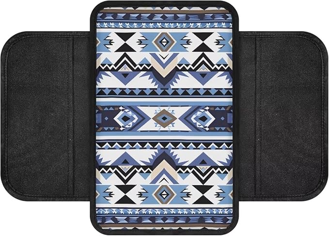 Dreaweet Aztec Armrest Cover for Car Universal Center Console Cover Replacement Blue Southwestern Navajo Tribal Geometric Arm Rest Cover Pad for Truck SUV Car Console Covers with 2 Storage Pockets