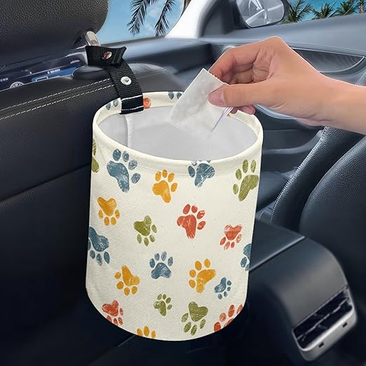 Dog Paw Car Rubbish Bin Portable Waste Basket Can Foldable Auto Waste Storasge Bag Holder with Adjustable Strap for Camping, Travelling, Picnic