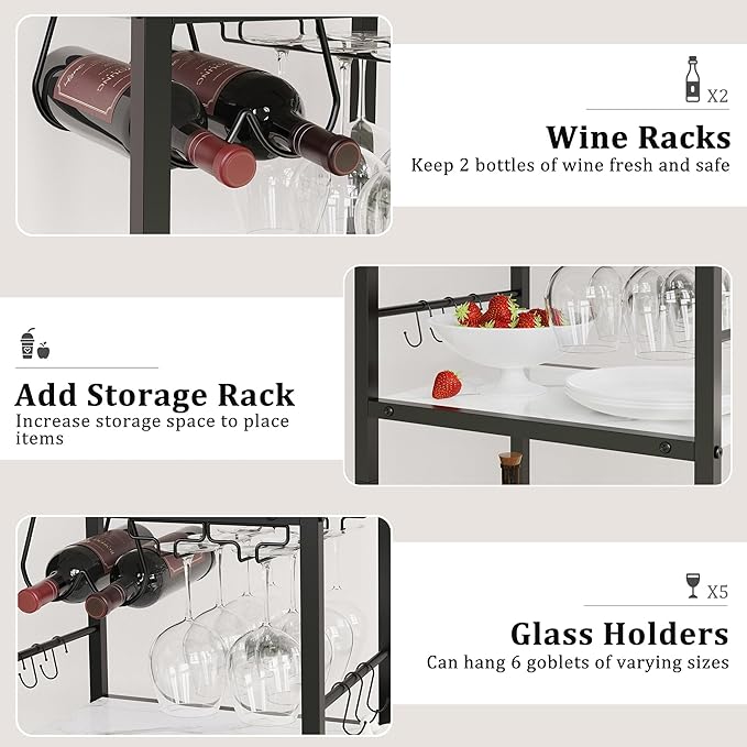 Bar Cart for The Home, 3 Tier Kitchen Carts with Wheels, Small Rolling Cart with Glass Holders, Wine Rack, Mini Bar Cart for Kitchen, Dining room, Living Room, 13.0"D x 17.0"W x 33.8"H, Marble White