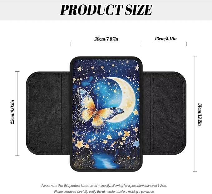 BIGCARJOB Moon Butterfly Center Console Cover for Cars Truck Interior Seat Accessories,Blue Butterfly Print Car Armrest Seat Box Cover Cushion with Side Storage,Universal Fit