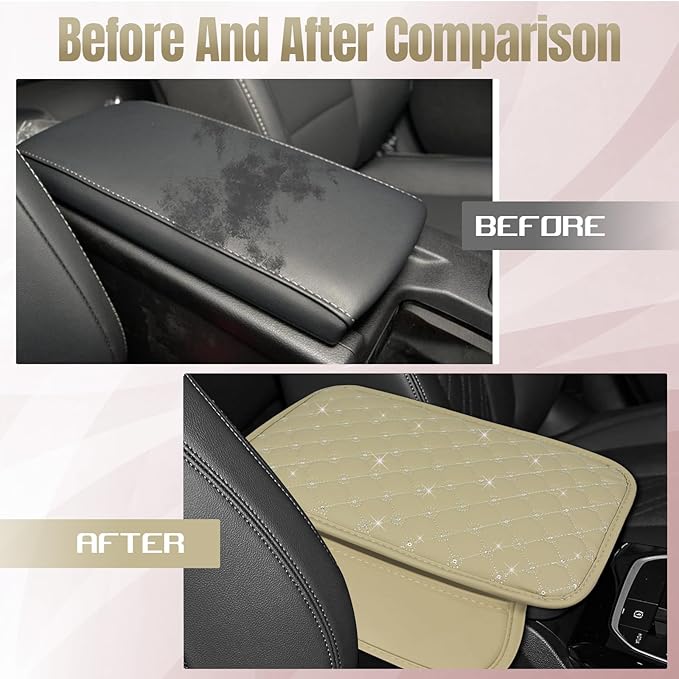 wuyaoyao Bling Car Center Console Cover, 11.81"×7.87" Leather Auto Arm Rest Cover Protector with 2 Storage Bags, Vehicle Crystal Rhinestone Armrest Cushion Pad, Interior Car Accessories (Beige)