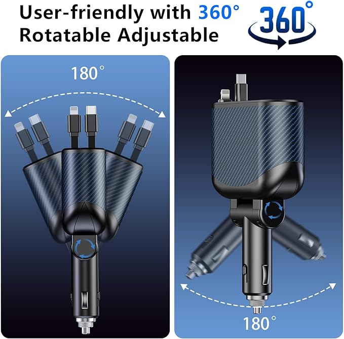 OHLPRO Retractable Car Charger Cigarette Lighter Adapter, 168W 5 in 1 Fast Phone Charging Built-in Replaceable Fuse, Socket Splitter with USB C and USB i Cord, Fit for Phone, iPad, Galaxy, GPS