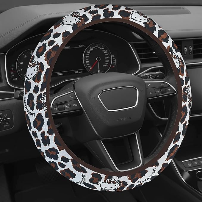 Cute Steering Wheel Cover for Women, Machine Washable Universal 14.5-15.5 inch Non-Slip Grip All Weather Use (Brown Leopard Cats)