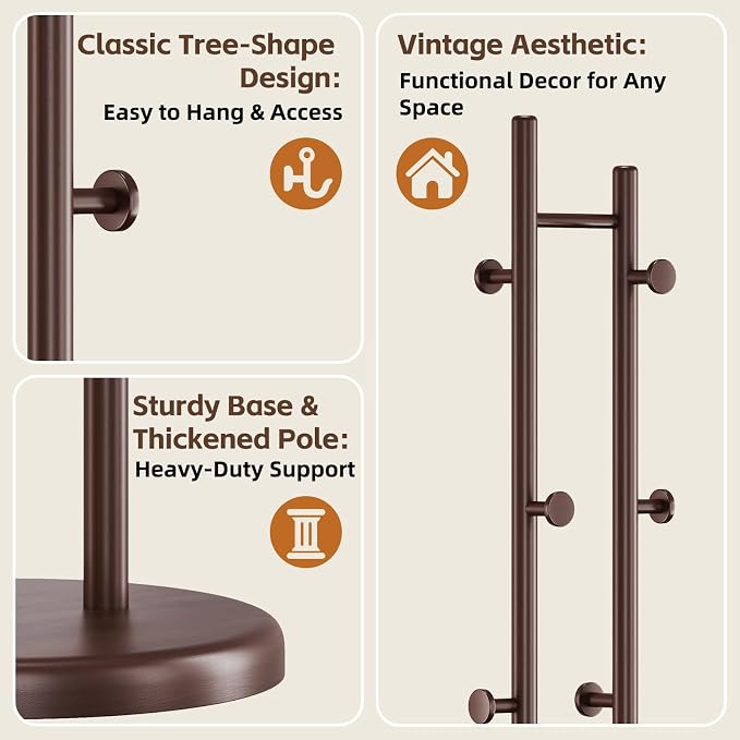 Uniclinens Wood Coat Rack Freestanding - Heavy Duty Freestanding Coat Rack, Wooden Coat Stand with 6 Hooks Creative Tree Branch-look for Entryway, Hallway, Bedroom (Dark Walnut)
