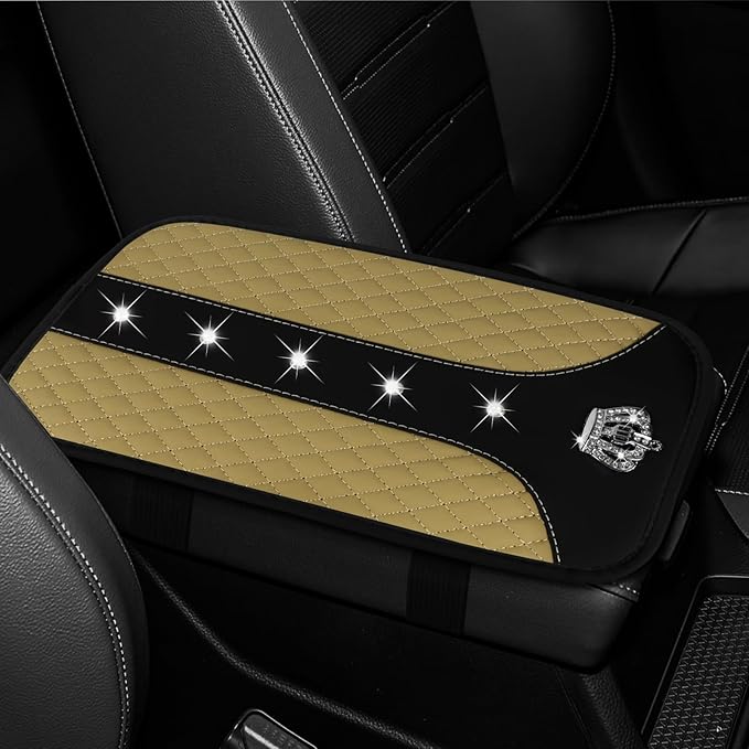 Bling Crown Car Center Console Cover, 12.7"×7.7" Armrest Cover for Cars, Waterproof Leather Arm Rest Box Pad Cushion, Universal Middle Console Cover Protector, Car Accessories (Beige)