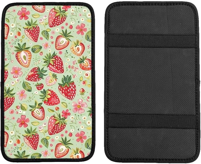 Car Center Console Cushion Pad Strawberry Cute Red Waterproof Armrest Seat Box Cover Protector Sage Green Cars Decor Accessories Fit for Most Cars Sedans Vans Truck Vehicles, SUV