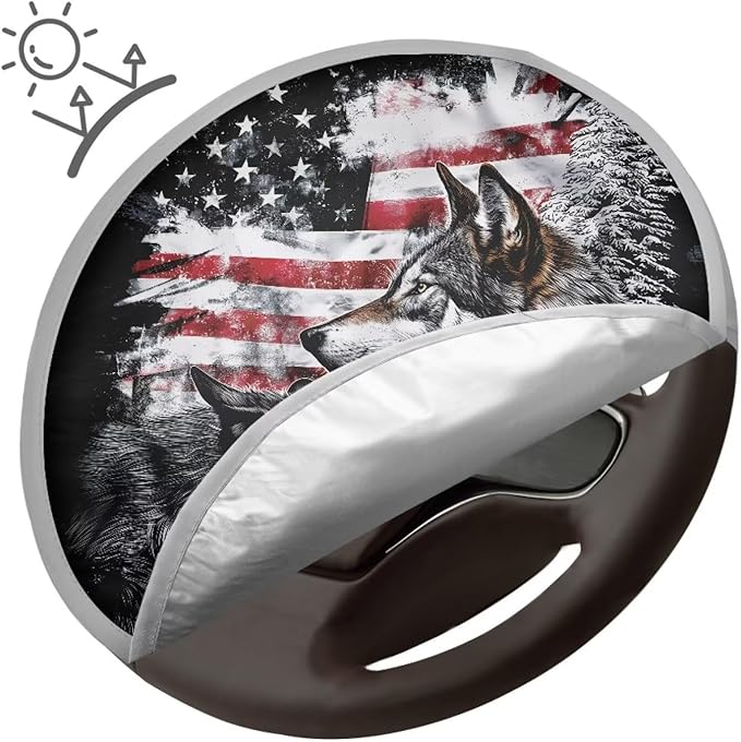 Vintage American Flag Wolf Pattern Car Steering Wheel Sun Shade Cover Universal Steering Wheel Sun Heat Shield Steering Wheel UV Reflector Shade Cover for Truck Car SUV Van