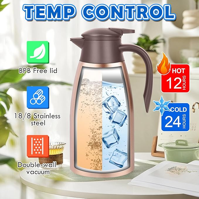 68oz Thermal Coffee Carafe, Stainless Steel Coffee Carafes for Keeping Hot, Airpot Insulated Tea Pot Dispenser for Hot Water, Tea, Hot Beverage - Keep 12 Hours Hot, 24 Hours Cold, Champagne Gold