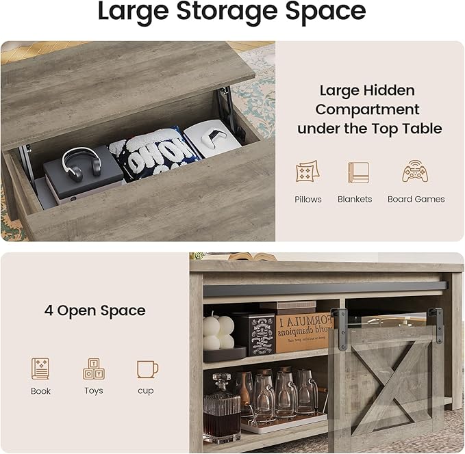 SEDETA 31.5" Lift Top Coffee Table with Storage, Square Coffee Tables for Living Room, Farmhouse Coffee Table with Large Hidden Storage Compartment and Adjustable Shelves, Grey