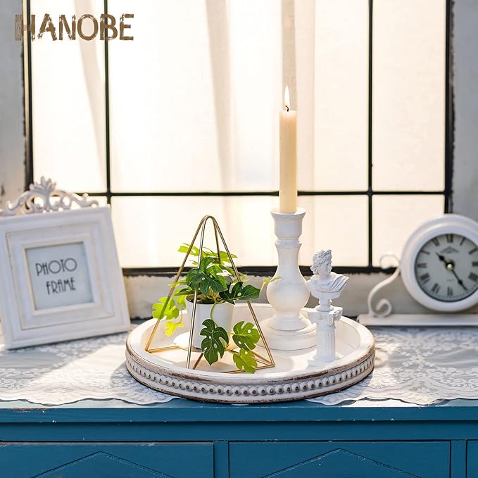 Hanobe Round Wooden Decorative Tray: White Washed Bead Tray Decor for Coffee Table Centerpiece Rustic Farmhouse Tray for Kitchen Counter Living Room Easter Decoration