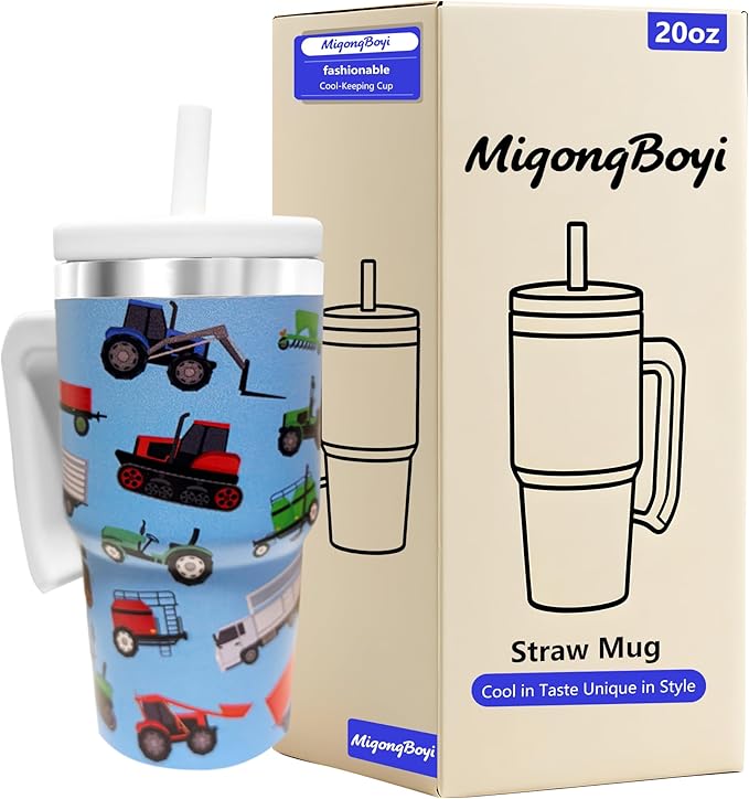 2PCS 20-OZ Insulated Water Bottle,Insulated Stainless Steel Tumbler,Reusable Cold Drink Thermos,BPA-Free, Double-Wall Stainless Steel Water Bottle (Blue-Farm Vehicles, 20, Fluid Ounces)