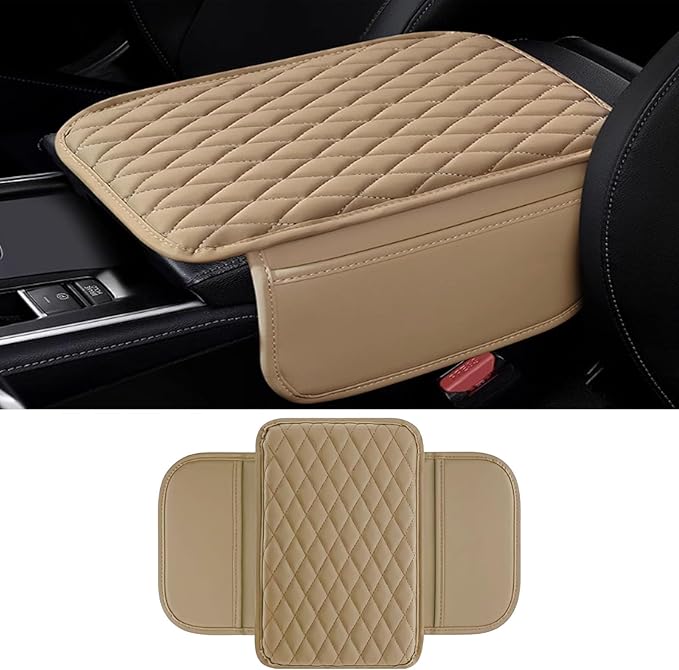 Arm Rest Cover Pad for Car, PU Leather Center Console Cover with Side Storage Bag, Universal Comfortable Armrest Storage Box Interior Accessories for Most Car Center Consoles (Beige)