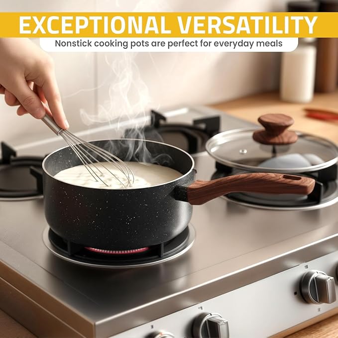 KICHLY Granite Pots and Pans Set Non Stick 8 Piece Cookware Set, Induction Frying Pans, Saucepan with Lids, Induction Compatible Cookware, PFOA-Free Non-Stick Cooking Set, Black
