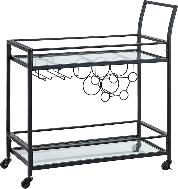 FirsTime & Co. Black Francesca Bar Cart, 2 Tier Mobile Mini Bar, Kitchen Serving Cart and Coffee Station with Storage for Wine and Glasses, Metal and Glass, Modern