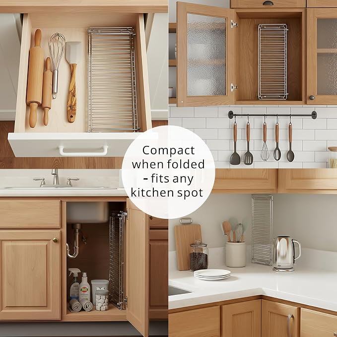 Foldable Dish Drying Rack, Small Dish Drying Rack for Narrow Kitchen Counter, Compact Dishes Drying Rack with Grey Drying Mat - Collapsible, Stainless Steel, Silver