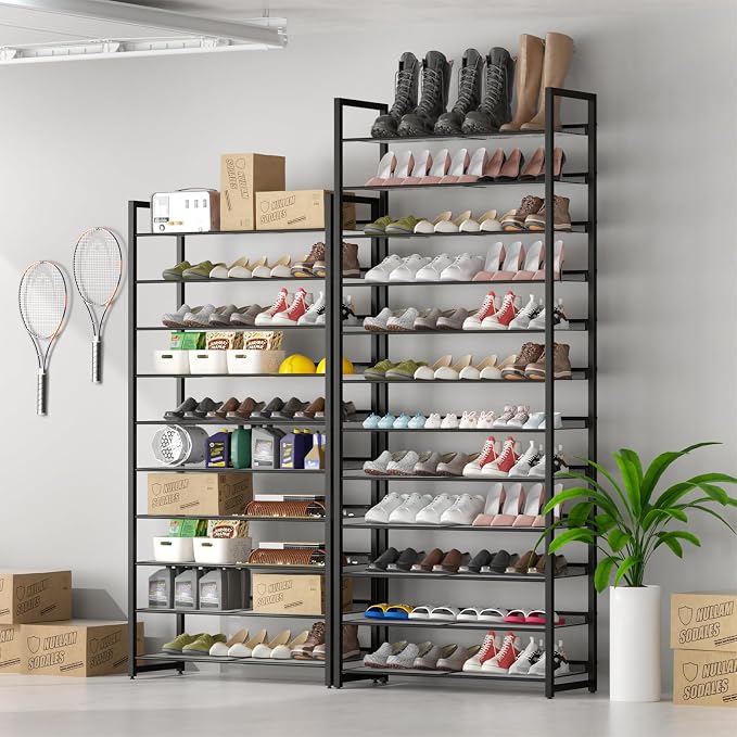 Shoe Rack, 10-Tier Metal Shoe Organizer, Tall Shoe Rack for Closet,entryway,Garage, with Adjustable Flat or Angled Shelves, 42-50 Pairs,Shoes that can accommodate The Whole Family.