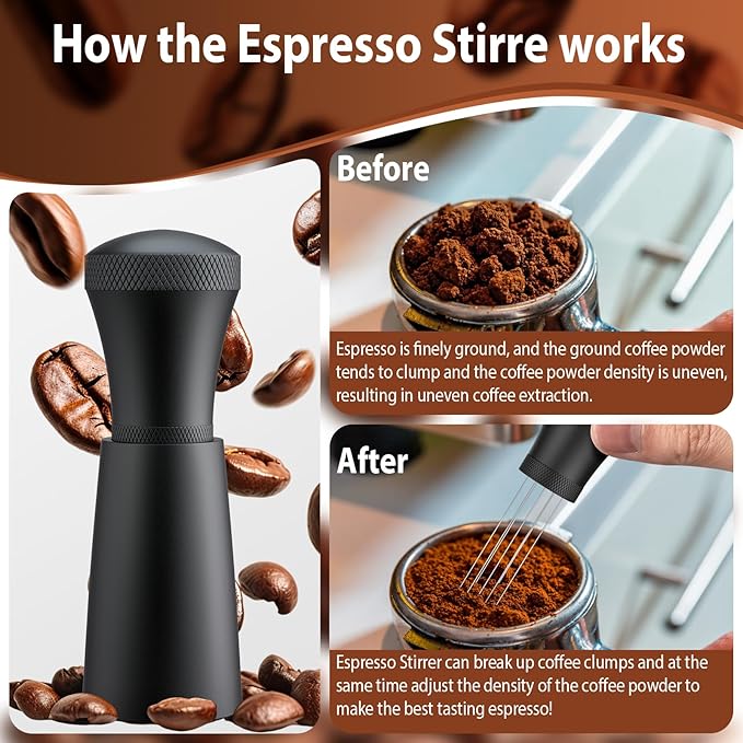 WDT Espresso Distribution Tool Espresso Stirrer Tools for Barista, 0.35mm 7 Needles Espresso Coffee Stirrer with Extra 7 Replaceable Needles, Aluminum Alloy Handle with Stand (Black)
