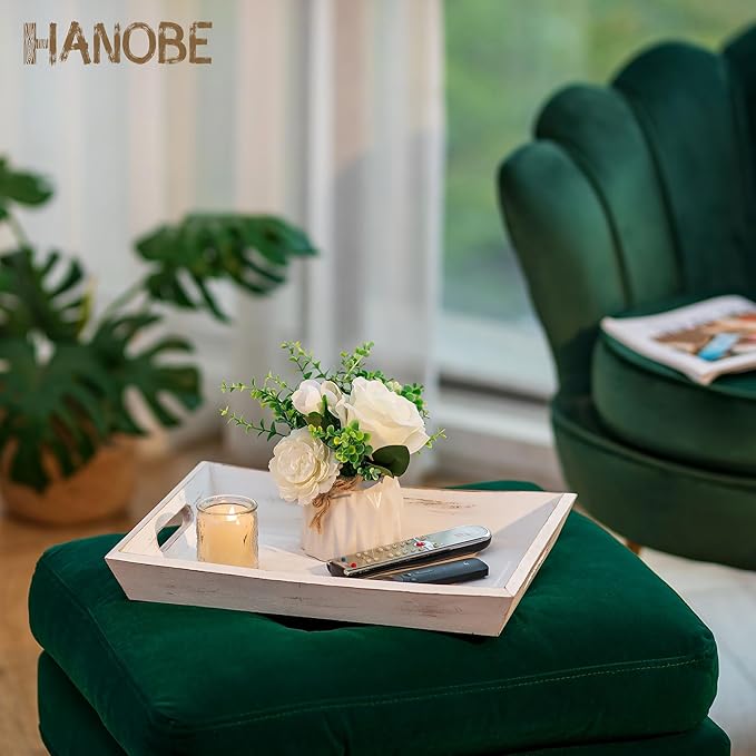 Hanobe Decorative Wooden Serving Tray: Rustic Wood Ottoman Trays for Coffee Table Rectangular Tray with Handles for Living Room Kitchen Home Decor, White