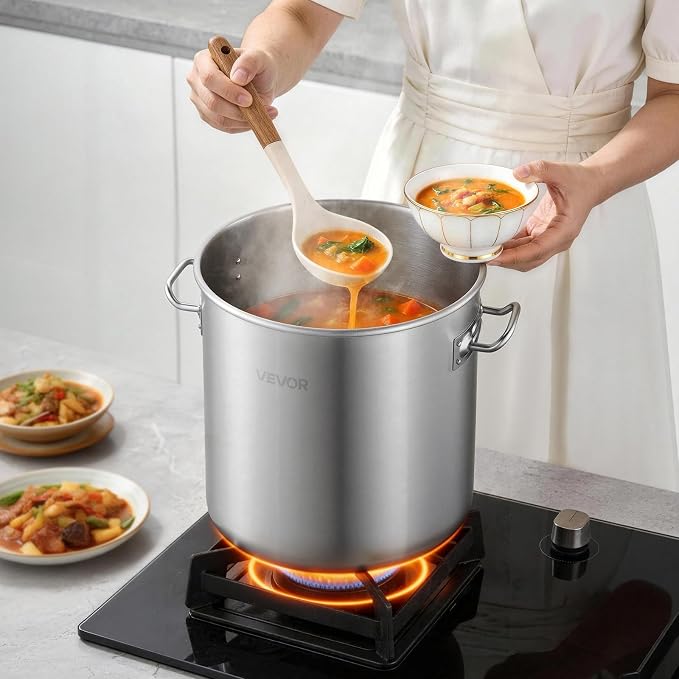 VEVOR Stainless Steel Stock Pot, 21-Quart Stainless Steel Stockpot with Glass Lid, PFOA-Free, PFAS-Free, Compatible with Gas Stoves, Induction Cooktops, Electric Stoves, for Soups, Stews, and Pasta