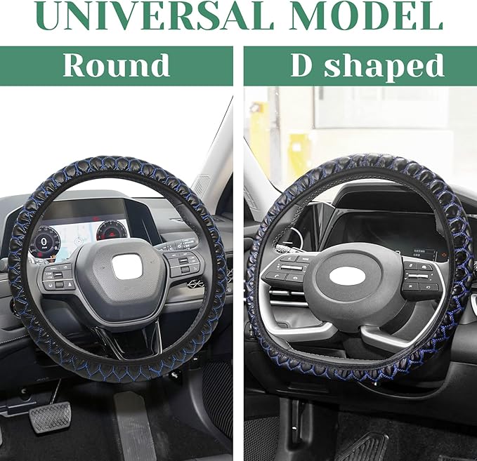Elastic Stretch Steering Wheel Cover Soft Steering Wheel Protector, Universal 15 inch, Microfiber Breathable Leather, Anti-Slip, Easy Carry, Black with Blue Stitch