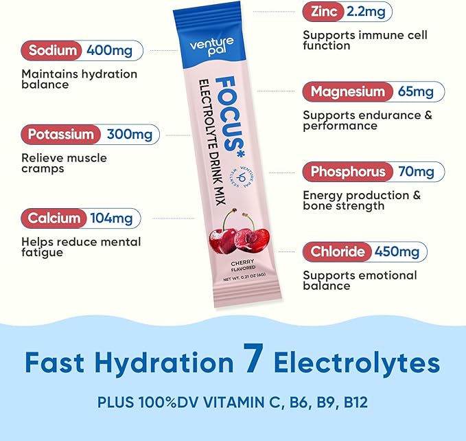 Venture Pal 2-in-1 Hydration Packets + Focus Support Electrolytes Powder, 7 Electrolytes + Vitamins, Magnesium, Lion's Mane & L-Theanine | Sugar Free Liquid Daily IV Drink Mix, Vegan, Keto, 16 Sticks