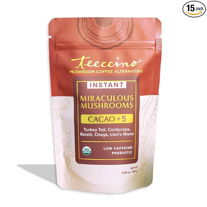 Miraculous Mushrooms Instant Cacao+5 Coffee Alternative by Teeccino – 15 servings - 5 Organic Adaptogenic Mushrooms with Cacao - Reishi, Lion’s Mane, Chaga, Turkey Tail, Cordyceps - Caffeine Free, Prebiotic - 4.7 ounces