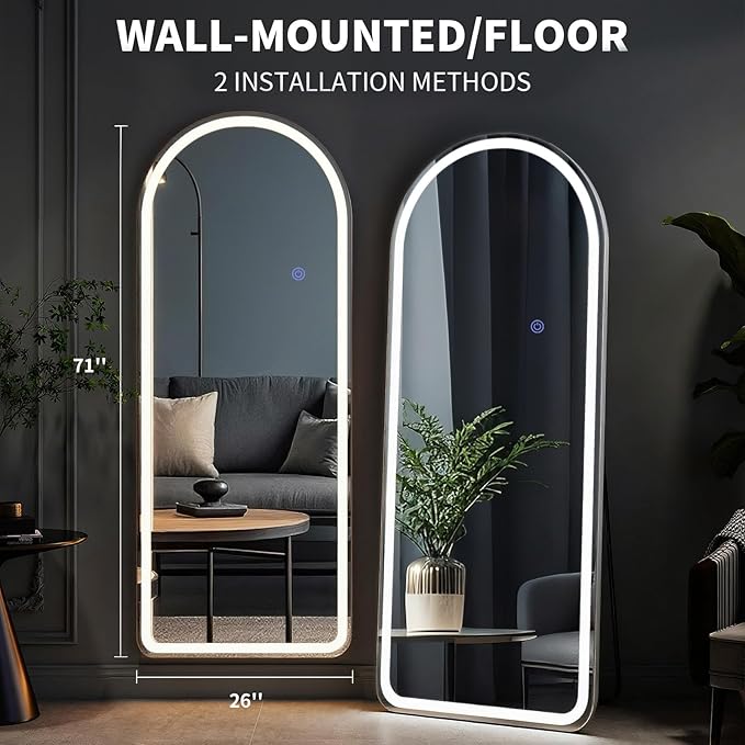 VooBang 71"x26" LED Mirror Full Length - Arched Floor Body Mirror Rounded Corners with Dimmable Lights - 3 Color Modes, Standing Leaning Wall Mounted for Bedroom, Dressing Room