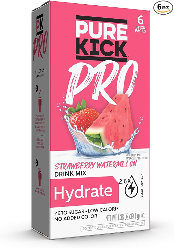 PURE KICK PRO Hydration Electrolyte Drink Mix, Strawberry Watermelon, Includes 1 Box with 6 Packets in Each Box