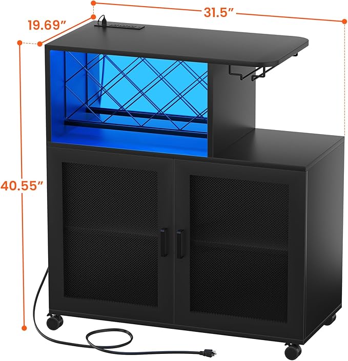 Wine Bar Cabinet with Wheels, Small Liquor Cabinet with LED Light, Home Bar Cart with Power Outlets, Coffee Bar with Wine Rack, Glasses Storage for Kitchen, Dining Room, Living Room, Black