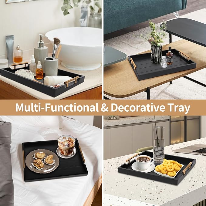 Coffee Table Trays - Large Ottoman Tray for Living Room -Wood Serving Tray with 2 Sets of Handles - Wooden Tray for Coffee Table, 4 Round Coasters Included, Black