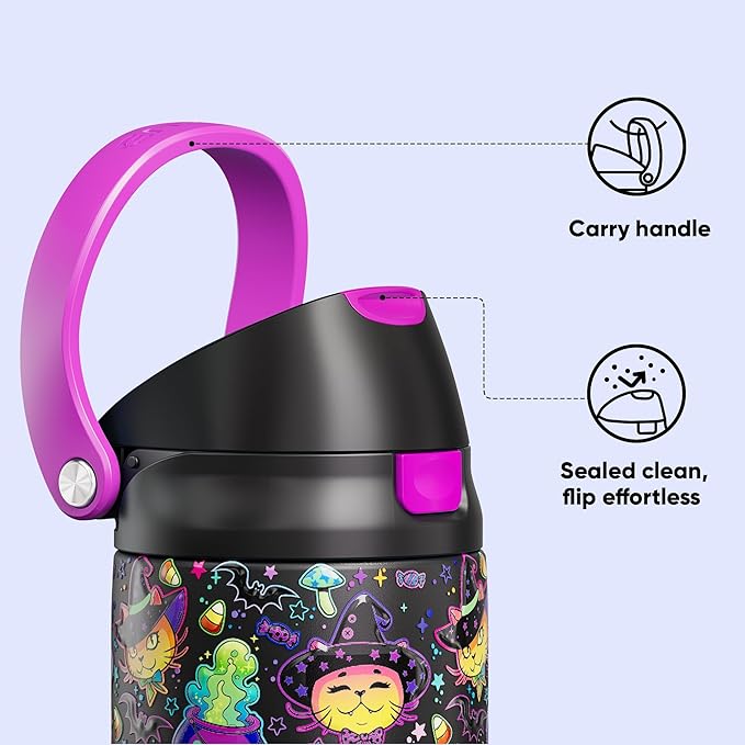 Encool SwiftSip Insulated Stainless Steel Water Bottle with Straw - Leak Proof Sports Water Bottle for School, Travel, Keeps Cold All Day, One-Touch Flip Lid, BPA-Free, 24 oz, Meowgic Night