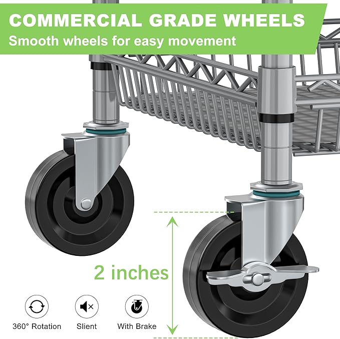 3 Tier Rolling Utility Carts with Wheels Heavy Duty Storage Cart 750Lbs Capacity Adjustable Kitchen Metal Organizer Cart with Handle & Shelf Liner Commercial Service Trolley for Indoor & Outdoor Use