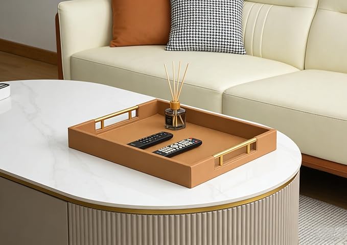 HofferRuffer Faux Leather Serving Tray with Gold Metal Handles, Stylish Decorative Tray Organizer for Coffee Table, Ottoman, Home Decor and Serving (Camel, 16.2" x 12.2" x 2")