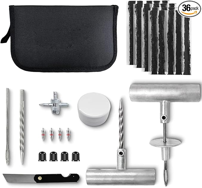 36PCS Heavy-Duty Universal Tire Plug Repair Kit – Car/Motorcycle/Truck/RV Emergency Flat-Tire Fix Set with T-Handles, 20 Self-Vulcanizing Plugs, Valve Tools & Compact Storage Bag