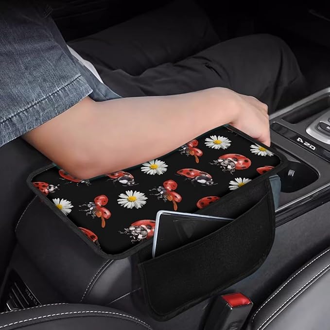 Dreaweet Car Armrest Cushion Ladybug Car Accessories for Women Center Console Pad Cover Protector Armrest Seat Box with Organizer Pockets Storage Bag,Universal Fit
