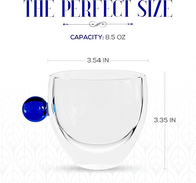 Elle Decor Double Wall Glass Coffee Mugs | Set of 2 | 9-Oz Wide Mouth Glass Coffee Mugs for Home, Office, Bar, or Gift | Modern, Insulated, Reusable Latte Mugs (Blue)