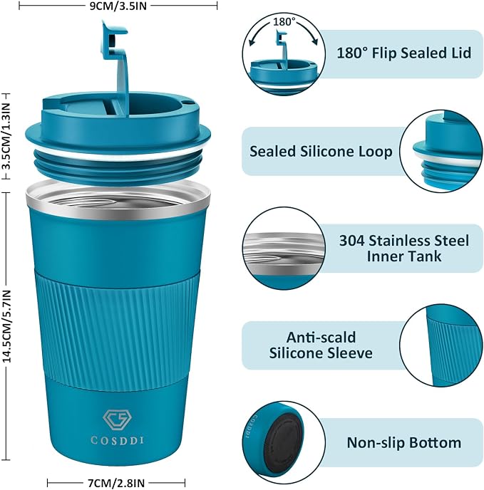 CS COSDDI Stainless Steel Travel Mug 12oz - Vacuum Insulated Coffee Travel Mug Spill Proof with Leakproof Lid - Double Walled Reusable Tumbler Cups for Keep Hot/Ice Coffee,Tea and Beer(Aquamarine)