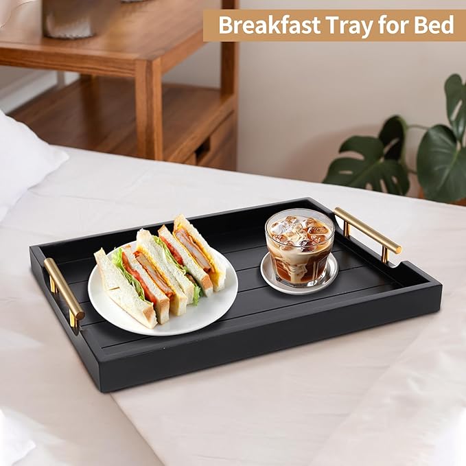 Coffee Table Trays - Large Ottoman Tray for Living Room -Wood Serving Tray with 2 Sets of Handles - Wooden Tray for Coffee Table, 4 Round Coasters Included, Black