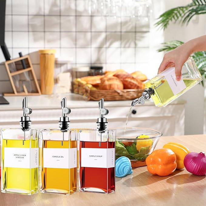 4 Pcs Olive Oil Dispenser for Kitchen, Glass Olive Bottles Oil Seasoning Bottle Set Coffee Syrup Soy Sauce Dispenser(Silver,500 ml)
