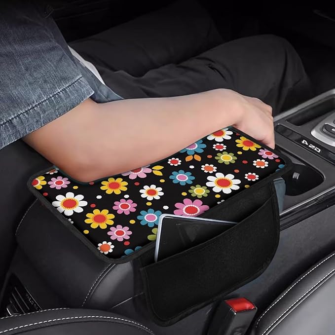 BIGCARJOB Stylish Daisy Print Armrest Pad with Pocket Universal Car Center Console Cover Hippie Daisy Print Car Armrest Storage Box Middle Console Cover Universal Armrest Cover Cushion