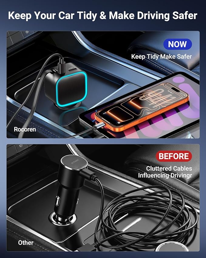 Retractable Car Charger USB-C,Rocoren 57W Type C Fast Car Charging [Ultra-Compact Mini] with Cord Cigarette Lighter Adapter Car Accessories for iPhone 17 16 15 Samsung S25 Ultra Pixel Android