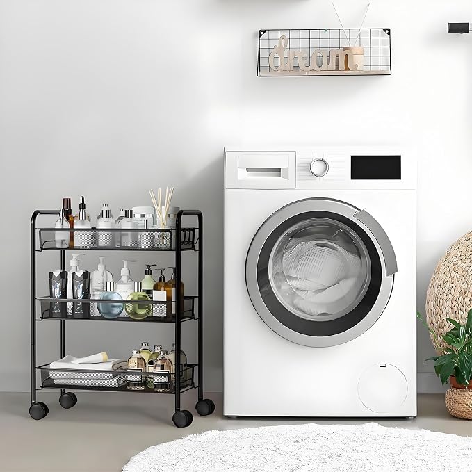3 Tier Metal Rolling Cart with Wheels, Wire Bathroom Organizer Storage Shelves with Hooks, Utility Cart for Kitchen Laundry Room, Black