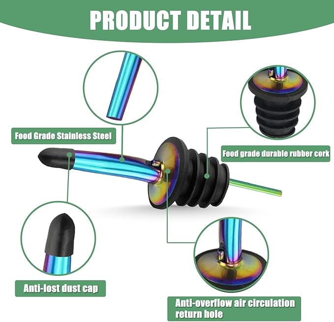 WAFJAMF 6 Pcs Liquor Pour Spouts Set, Stainless Steel Liquor Bottle Pourers with Rubber Dust Caps, for Pours Liquid, Olive Oil, Wine, Vinegar（Rainbow）
