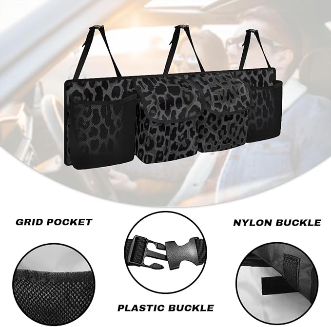 Black Leopard Backseat Trunck Organizer Waterproof Trunk Organizer for SUV Hanging Automotive Accessories with Buckle Strapes & 4 Pockets Car Storage Bag for SUV Sedan for Men Travel