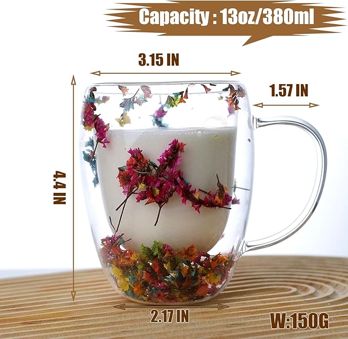 Viovian 13oz Double Wall Glass Coffee Mugs Set of 2 Insulated Glass Coffee Cups with Handles,Clear Dried Flower Tea Mug for for Hot Beverages,Tea Cup Women Birthday Gifts