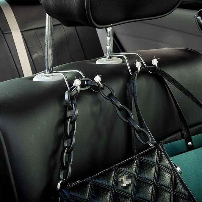 Bling Car Seat Hooks, Rhinestone Universal Organizer Hooks Car Headrest Hangers Hooks, Bag Organizers Rack and Hanger, Strong and Durable Auto Backseat Storage Hooks (A-Black)